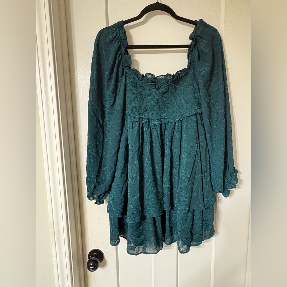 Altar’d State NWT Teal Long Sleeve Floral Embossed Dress